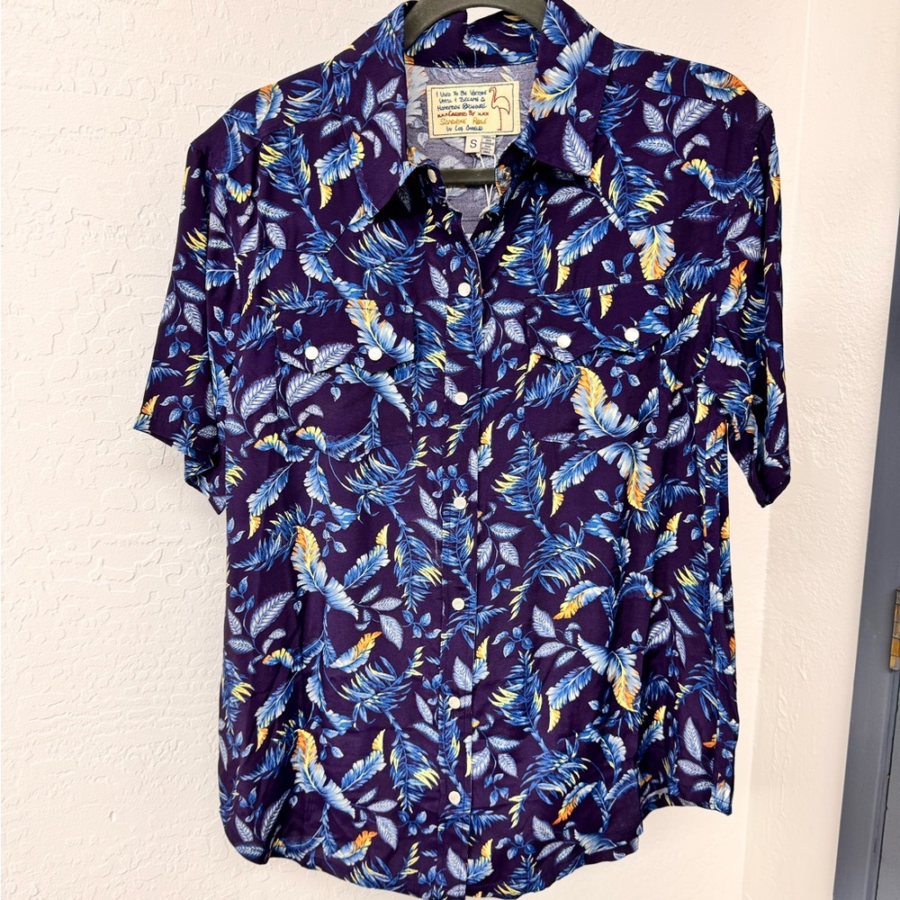 NWT SANDRINE ROSE x Free People Casual Blue Print Button Down Shirt